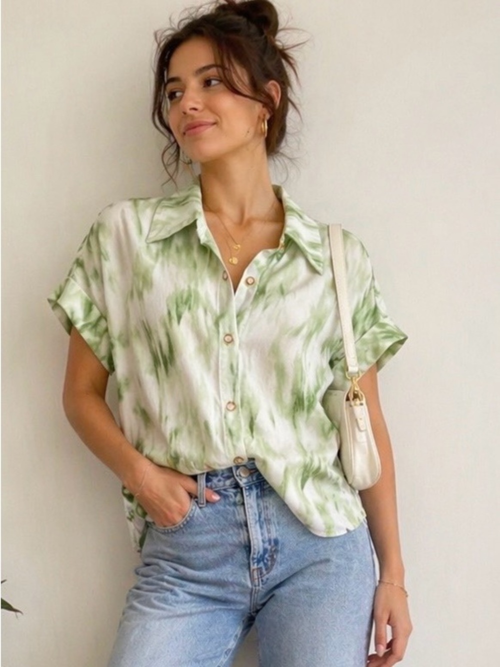 Silk Tie Dye Coastal Blouse Pearl Button Resort Luxury Top L Coastal Grandmother